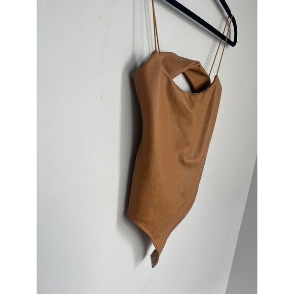 Alix NYC Faux Leather Bodysuit Women XS Cutout Spaghetti Strap Tan - Picture 6 of 7